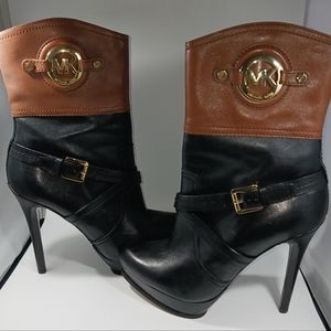 *Michael Kors Stockard Bootie Dark Brown/Black 5" Heel Sz 10M Gold Side Zipper